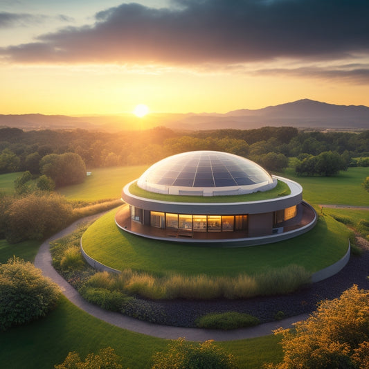 A futuristic, sustainable home with a rooftop solar array, wind turbine, and green roof, surrounded by a self-sustaining ecosystem, with a subtle background of a cityscape at sunset.