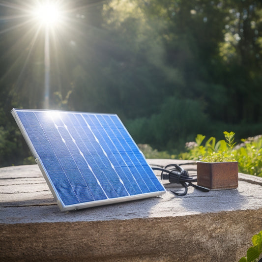 A sleek, silver solar panel angled on a rustic wooden table, surrounded by lush greenery, with a compact battery charger and tangled wires in the foreground, set against a bright blue sky.