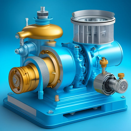 An illustration depicting a cutaway of an energy-efficient water pump, showcasing a high-efficiency motor, aerodynamic impeller, and precision-crafted volute, surrounded by swirling water droplets and subtle energy waves.