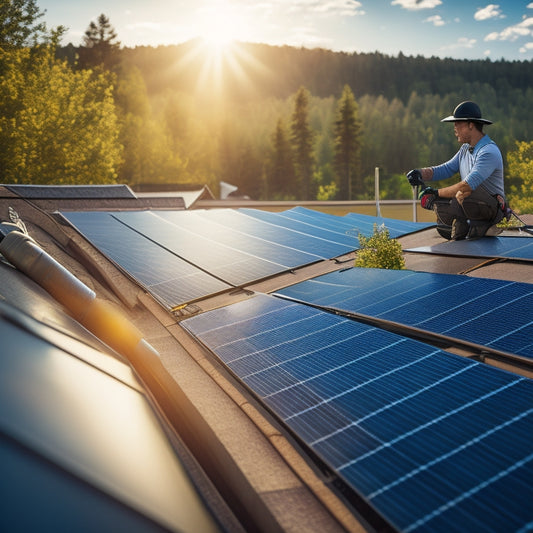 A bright outdoor scene showcasing a person installing sleek, black waterproof solar panels on a sunlit rooftop, surrounded by lush greenery and a clear blue sky, with tools and safety gear nearby.