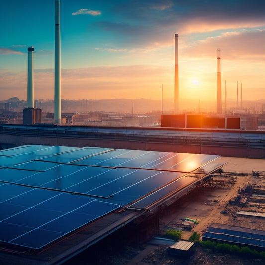 An image of a solar panel with cracks, broken glass, and loose connections, set against a background of a cloudy, polluted cityscape with smokestacks and factories.