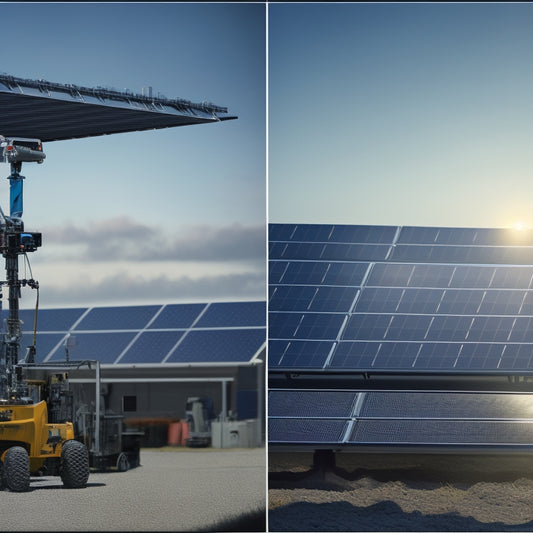 An industrial setting with a large, sleek solar panel array in the background, and a robotic arm with a soft-bristled brush gently cleaning a panel in the foreground.