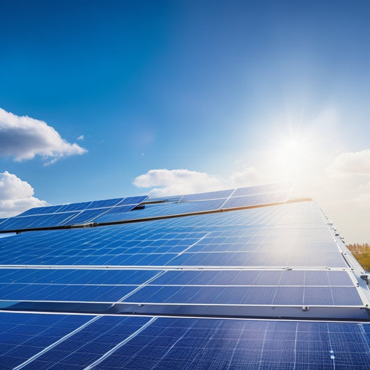 An illustration depicting a sleek, modern solar panel array mounted on a rooftop, with adjustable brackets and hinges, set against a bright blue sky with fluffy white clouds.