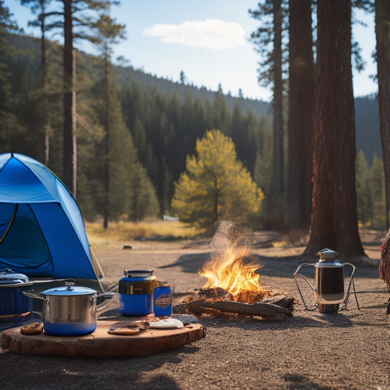 A rugged campsite scene featuring a compact portable stove, surrounded by a picnic setup of colorful camping gear, steaming food, and a backdrop of towering pine trees under a bright blue sky.