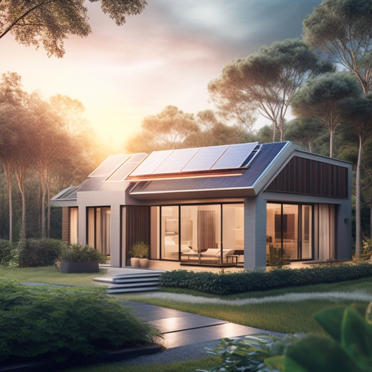 An illustration of a modern, sleek, and futuristic home with solar panels on the roof, surrounded by lush greenery, with a subtle glow emanating from the windows, symbolizing renewable energy.