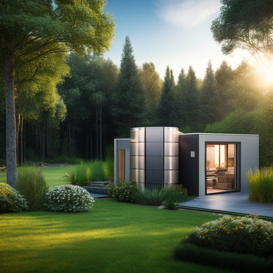 A modern home's backyard with a sleek, silver energy storage system unit standing next to a solar panel array, surrounded by lush greenery and a subtle, sunny glow.