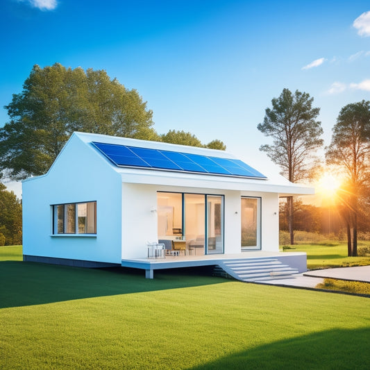 A modern, sleek, white house with a sloping roof, featuring a prominent solar panel array and a visible battery storage unit with a subtle LED glow, set against a bright blue sky with few white clouds.