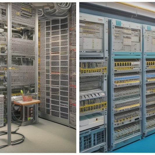 A split-screen image featuring a messy, cluttered server room on the left with tangled cables and unorganized panels, and a neat, organized room on the right with rows of branded panel mounts from top manufacturers.