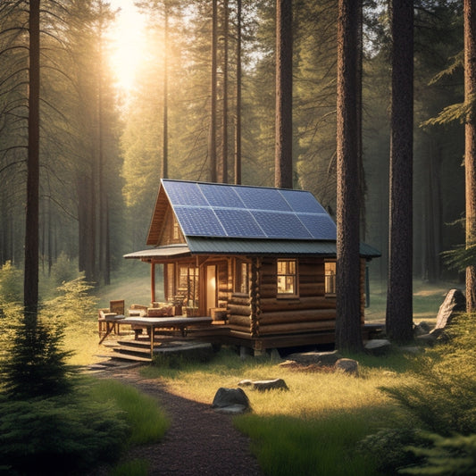 A serene, secluded cabin surrounded by towering trees, with a mix of solar panels, wind turbines, and a small hydroelectric generator, showcasing various power options in a natural, rustic setting.