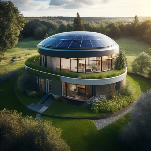 A futuristic, eco-friendly home with solar panels on the roof, a wind turbine in the backyard, a green roof with lush vegetation, and a battery storage system visible through a large window.