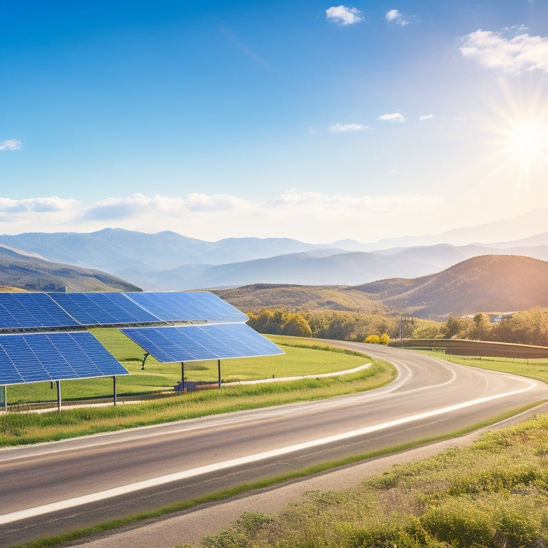 A serene landscape showcasing solar panels glistening under the sun, wind turbines spinning gracefully on rolling hills, and a vibrant electric car charging at a station, all surrounded by lush greenery and clear blue skies.