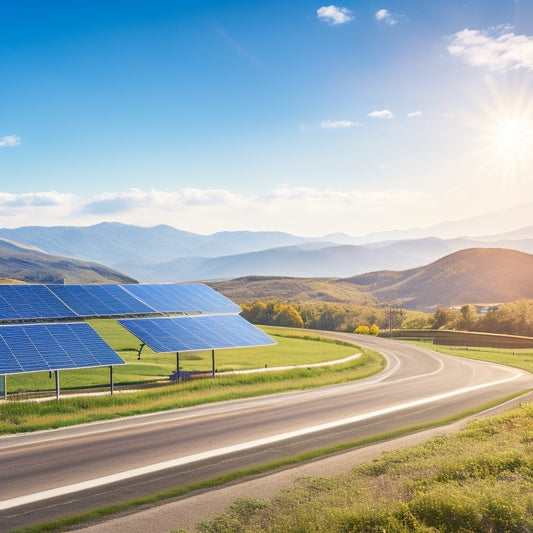 A serene landscape showcasing solar panels glistening under the sun, wind turbines spinning gracefully on rolling hills, and a vibrant electric car charging at a station, all surrounded by lush greenery and clear blue skies.