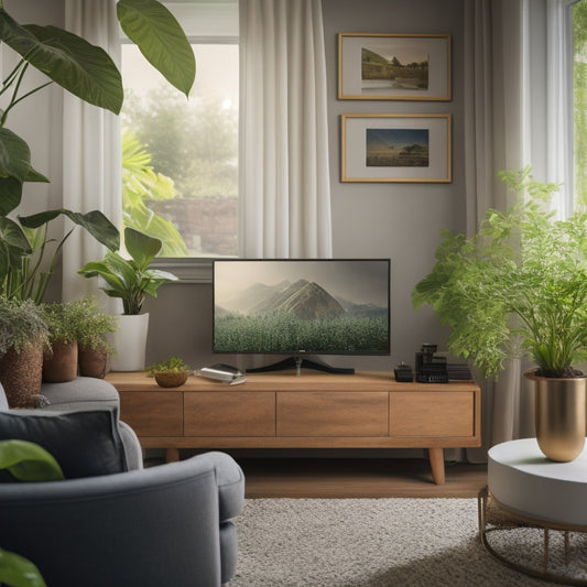 A serene, well-lit living room with a programmable thermostat, energy-efficient light bulbs, and a smart plug controlling a minimized TV standby mode, surrounded by lush green plants and a recycling bin.