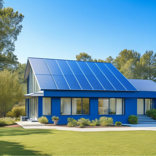 A modern, sleek, single-story home with a gabled roof, featuring rows of dark blue solar panels seamlessly integrated into the roofing material, surrounded by lush greenery and a bright blue sky.