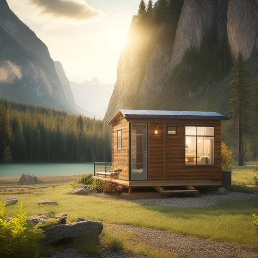 A serene off-grid cabin surrounded by lush greenery, featuring a sleek solar-powered refrigerator on a rustic wooden porch, with sunlight glinting off solar panels and a picturesque mountain backdrop.