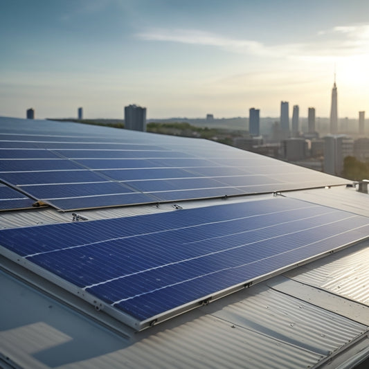 A close-up of a concrete rooftop with sleek, silver solar panels installed at an angle, secured by robust, black mounting brackets and rails, with a faint cityscape in the background.