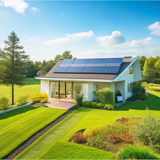 A serene, modern home with a lush green roof, surrounded by solar panels and a garden, set against a clear blue sky with a few wispy clouds, conveying a sense of sustainability and eco-friendliness.