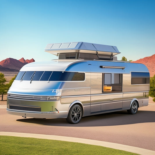 An illustration of a sleek, silver RV with a curved roof, showcasing three different roof mounting systems: a solar panel array, a satellite dish, and a roof vent, all securely fastened with sleek hardware.