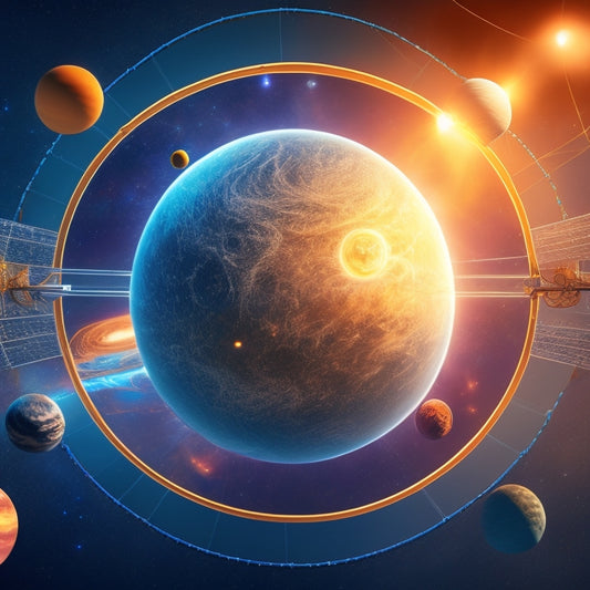 Illustrate a stylized, 3D depiction of the Solar System, with each planet orbiting a bright, glowing sun, surrounded by a network of solar panels and batteries, with wires and circuits connecting them.