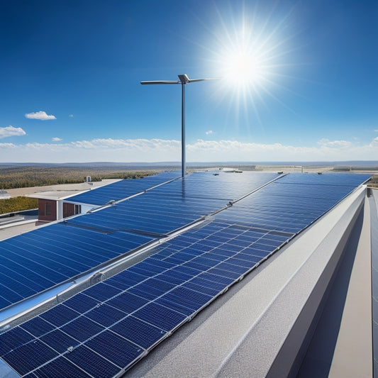 A photorealistic image of a sleek, modern rooftop with multiple solar panels mounted at a 30-degree angle, securely fastened with stainless steel clamps and rails, against a clear blue sky.