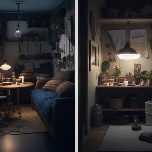 A split-screen image: a cluttered, dark room on the left, lit only by candles; on the right, a bright, organized space with a DIY home power system, including solar panels, batteries, and wiring.