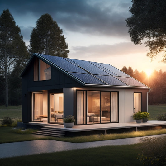 An illustration of a modern, eco-friendly home with a sleek, black solar panel array on the roof, accompanied by a compact, wall-mounted battery storage system with a subtle LED glow.