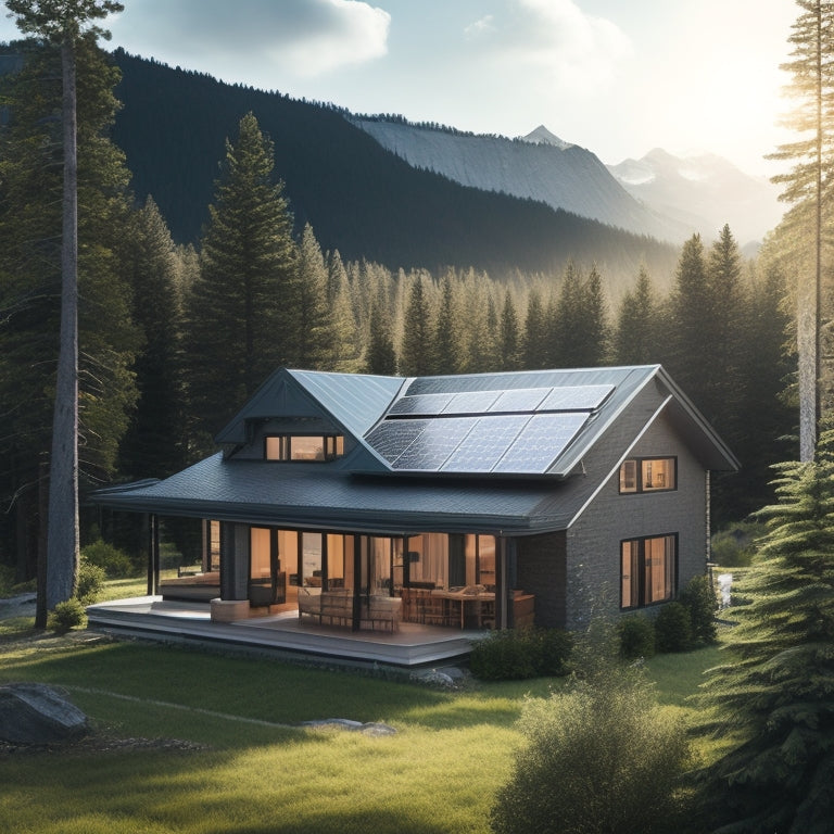 A serene, isolated mountain home with a pitched roof, surrounded by evergreen trees, featuring a sleek, silver solar panel array mounted on a sturdy, adjustable aluminum racking system.