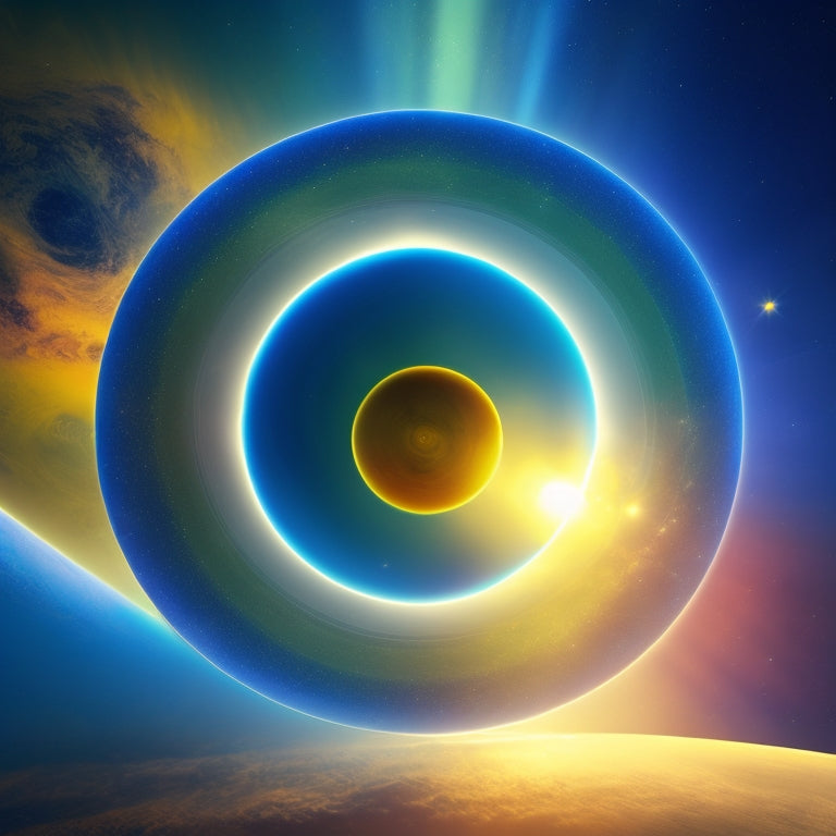 A stylized illustration of a bright yellow sun with radiating rays, surrounded by orbiting planets and a subtle, wavy aurora borealis effect in shades of blue and green.