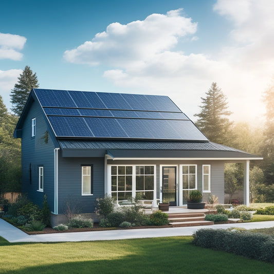 A serene suburban home with a sloping rooftop covered in sleek, black solar panels, surrounded by lush greenery and a bright blue sky with a few puffy white clouds.