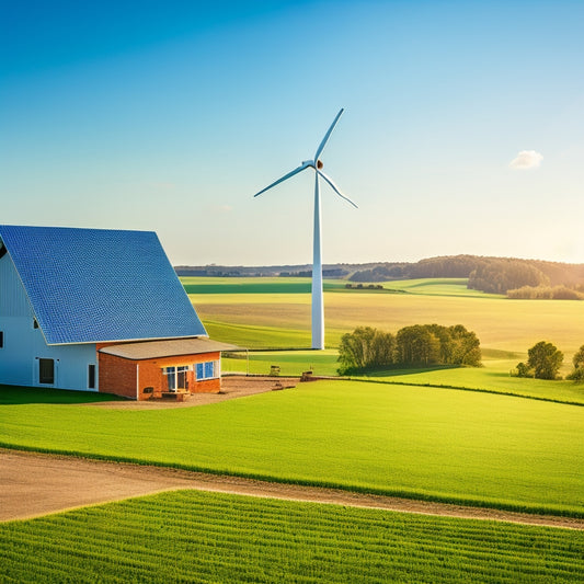 A serene rural landscape with a large farm building, solar panels covering the rooftop, and a wind turbine spinning in the distance, amidst lush green fields and a clear blue sky.