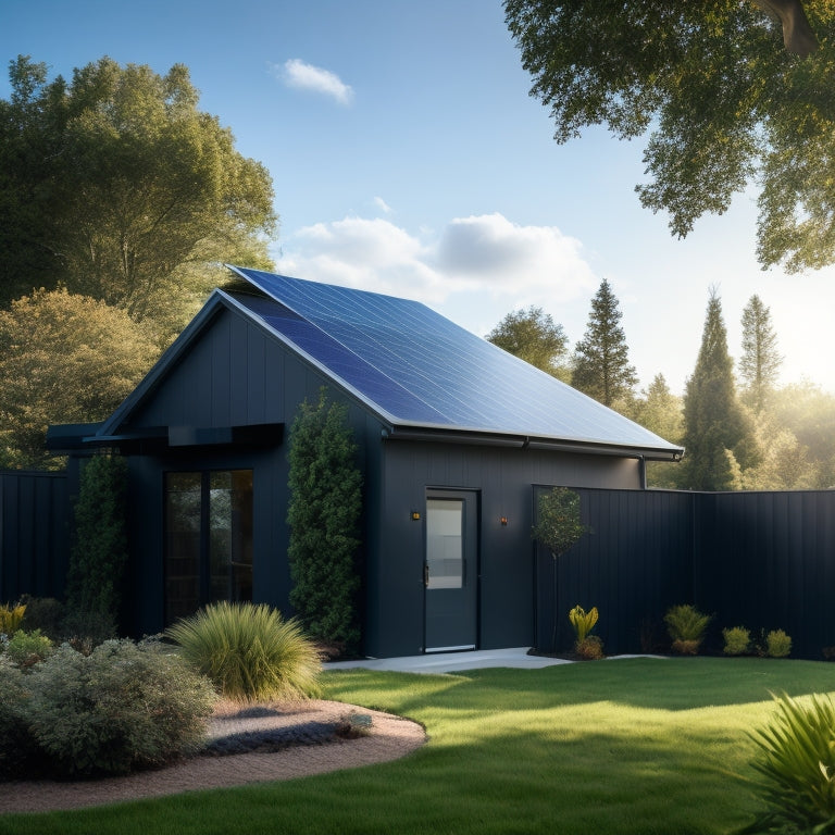 A serene backyard with a sleek, black Tesla Powerwall mounted on a wall, surrounded by lush greenery, with a few solar panels installed on the roof, under a clear blue sky.