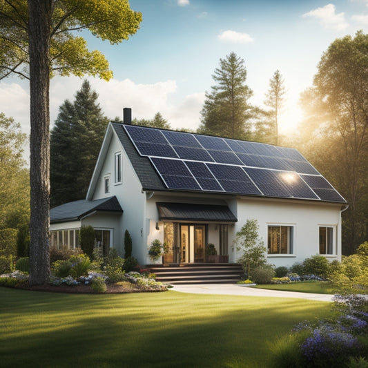 A serene suburban home with a sleek, black solar panel array on the roof, surrounded by lush greenery, with a bright blue sky and fluffy white clouds in the background.