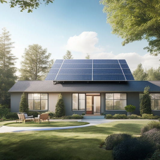 A serene suburban home with a sleek solar panel array on the roof, a Tesla Powerwall battery visible through a window, and a lush green backyard with a few trees under a sunny blue sky.