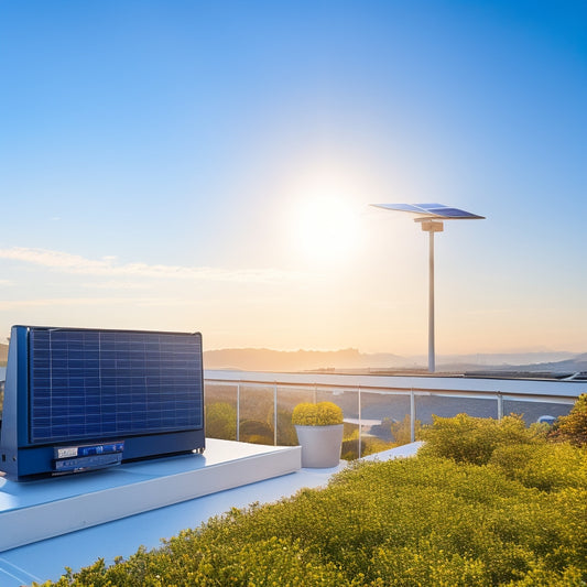 A sleek modern solar inverter installed on a sunlit rooftop, surrounded by vibrant green plants, with solar panels reflecting sunlight, and a digital display showcasing energy efficiency metrics, all under a clear blue sky.