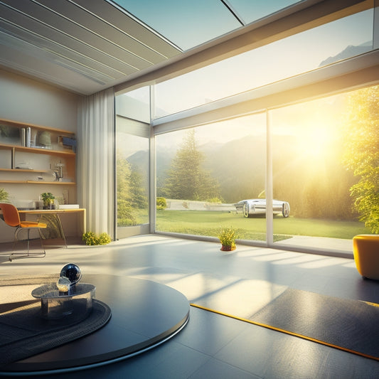 A futuristic home interior with a small, sleek robot vacuuming a row of floor-to-ceiling solar panels, while a bright sunbeam illuminates the scene through a nearby window.