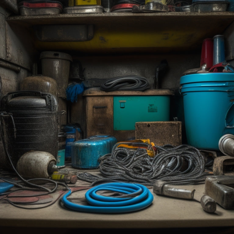 A cluttered RV garage with a poorly maintained battery bank, showing corroded terminals, frayed cables, and spilled battery acid, alongside neglected tools and safety gear, under dim lighting to emphasize neglect and oversight.