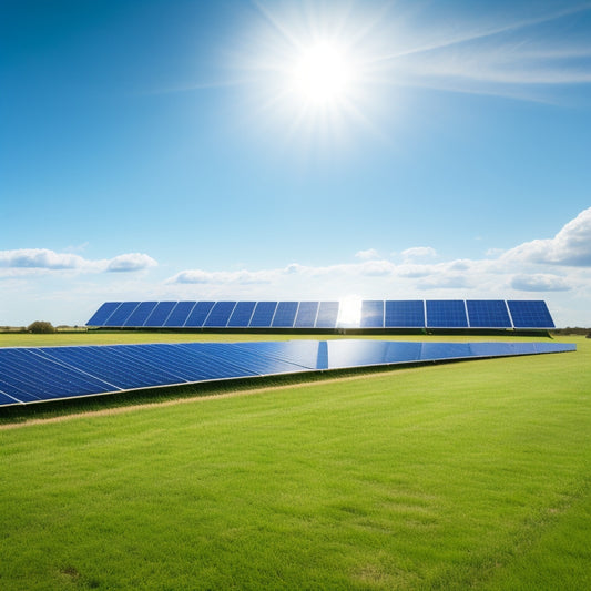 A serene landscape with rows of sleek, black solar panels angled at 30 degrees, installed on a lush green grassy field, under a clear blue sky with a few puffy white clouds.