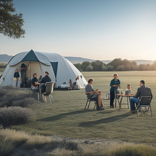 A futuristic outdoor scene with a sleek, compact portable power system in the foreground, surrounded by a bustling campsite, electric vehicles, and people enjoying outdoor activities.