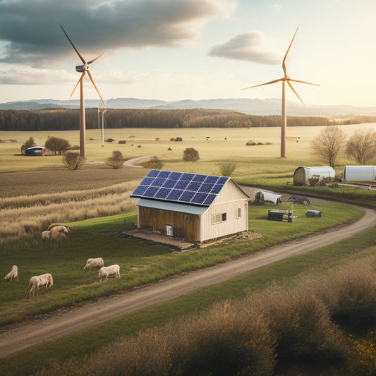 A serene, rural landscape with a small, eco-friendly cabin surrounded by solar panels, wind turbines, and a battery bank, all connected by a network of wires and sensors.