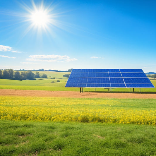 A serene rural landscape with a ground-mounted solar panel kit installed in a lush green field, surrounded by rolling hills and a clear blue sky with a few fluffy white clouds.
