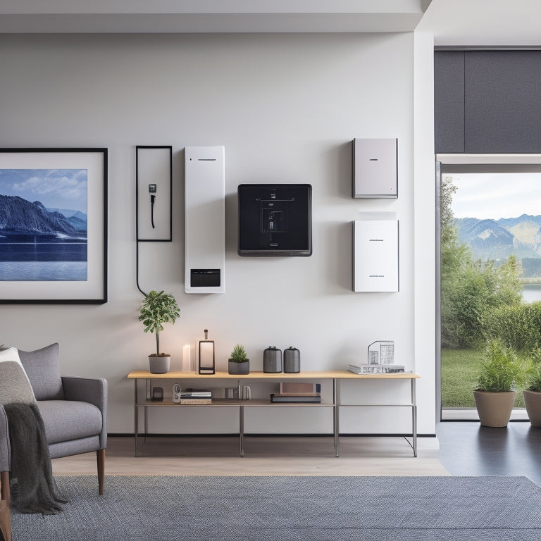 A modern, sleek home interior with a wall-mounted battery system featuring a Tesla Powerwall, LG Chem RESU, and Sonnen eco, surrounded by charging cables and a subtle grid of circuitry in the background.