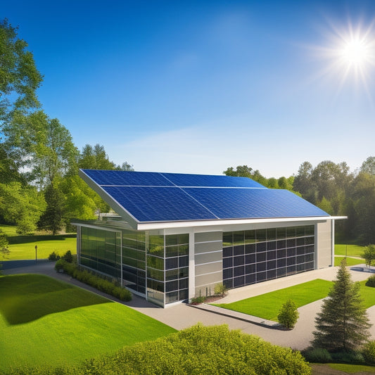 A modern corporate building with sleek solar panels on the roof, surrounded by green trees and blue skies. Include a graph overlay showcasing cost savings in energy, with a bright sun shining above.