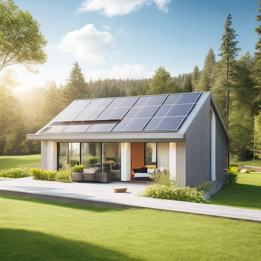 A modern, sleek house with a sloping roof, solar panels installed on it, and a battery bank with 4-6 units in the background, surrounded by lush greenery and a sunny sky.