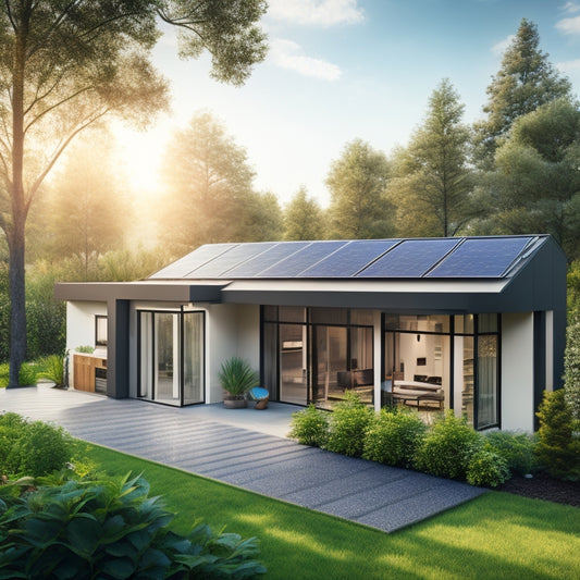 A modern home with solar panels on the roof, surrounded by a lush garden. Showcase sleek battery storage units in a garage, with sunlight filtering through windows, highlighting eco-friendly living.