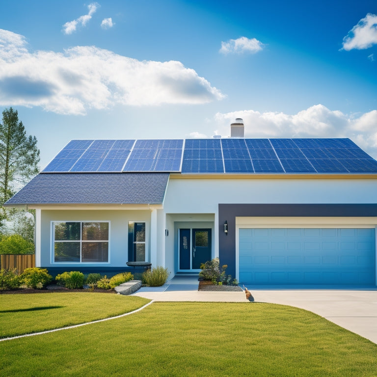 A bright blue sky with a few fluffy white clouds, a modern house with solar panels on the roof, and a sleek home solar battery system installed in the garage or backyard.