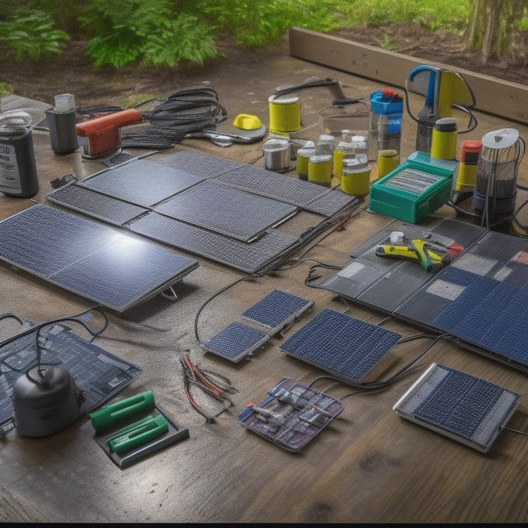 A clutter-free workshop table with a partially assembled DIY solar battery bank: rows of deep cycle batteries, circuit breakers, and copper wires, surrounded by scattered tools and solar panels.