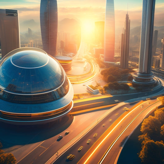 A futuristic cityscape with sleek, silver skyscrapers and winding roads, surrounded by a halo of bright, sunny light, with solar panels integrated into rooftops and streets.