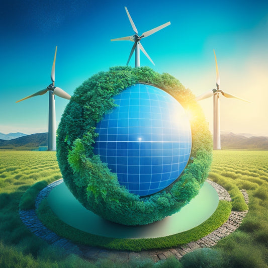 A vibrant illustration featuring a stylized, glowing green globe at its center, surrounded by three interconnected gears with leaves, solar panels, and wind turbines embedded within them.