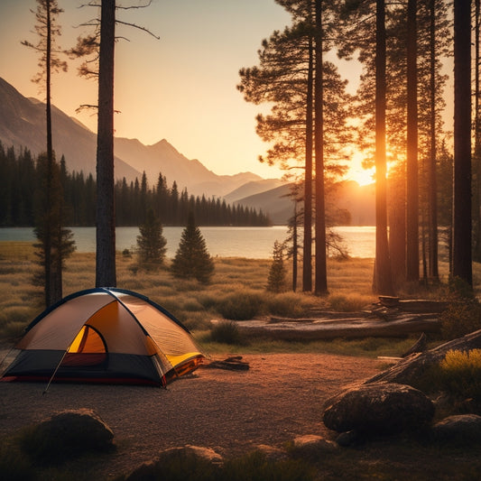 A serene campsite surrounded by tall pine trees, featuring a sleek solar panel setup beside a cozy tent, a campfire crackling nearby, and a breathtaking sunrise illuminating the mountains in the background.