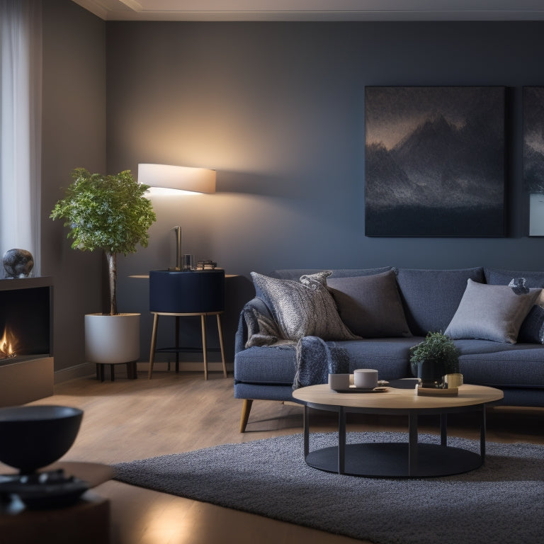 A modern living room featuring smart home devices: automated lighting, a smart thermostat, and voice-controlled speakers. Soft ambient lighting and a sleek aesthetic create a cozy, tech-savvy atmosphere.